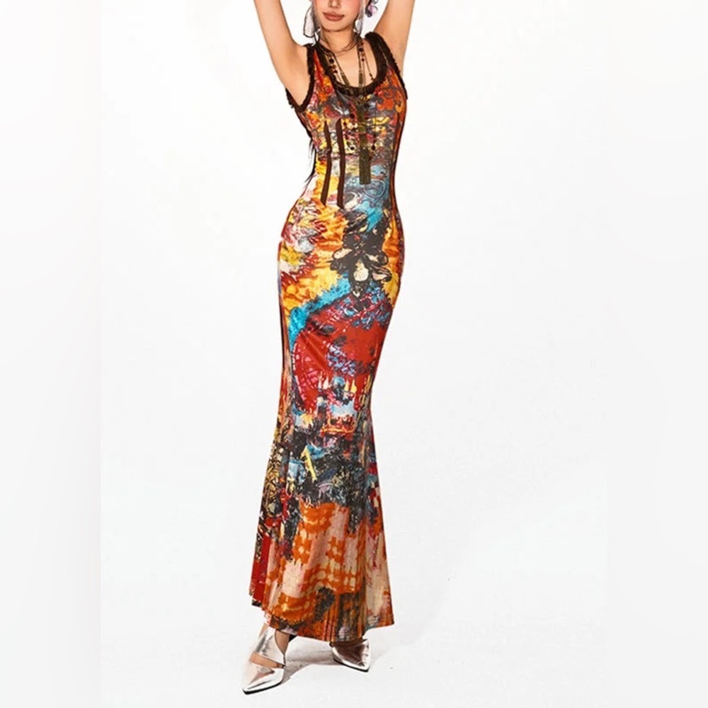 Micas handmade red O-neck print maxi fishtail dress summer size M 7-27
